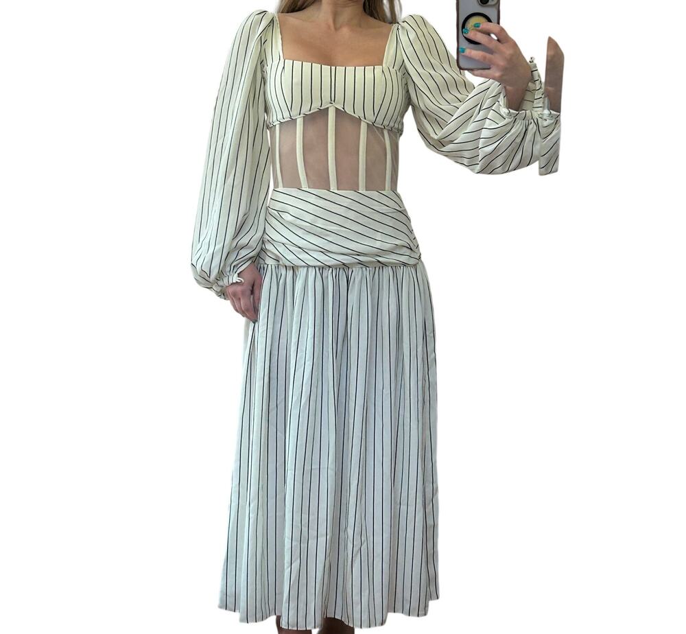 RARE Nafsika Skourti Striped Mesh Corset Dropwaist Midi Dress 4 S Avant Garde